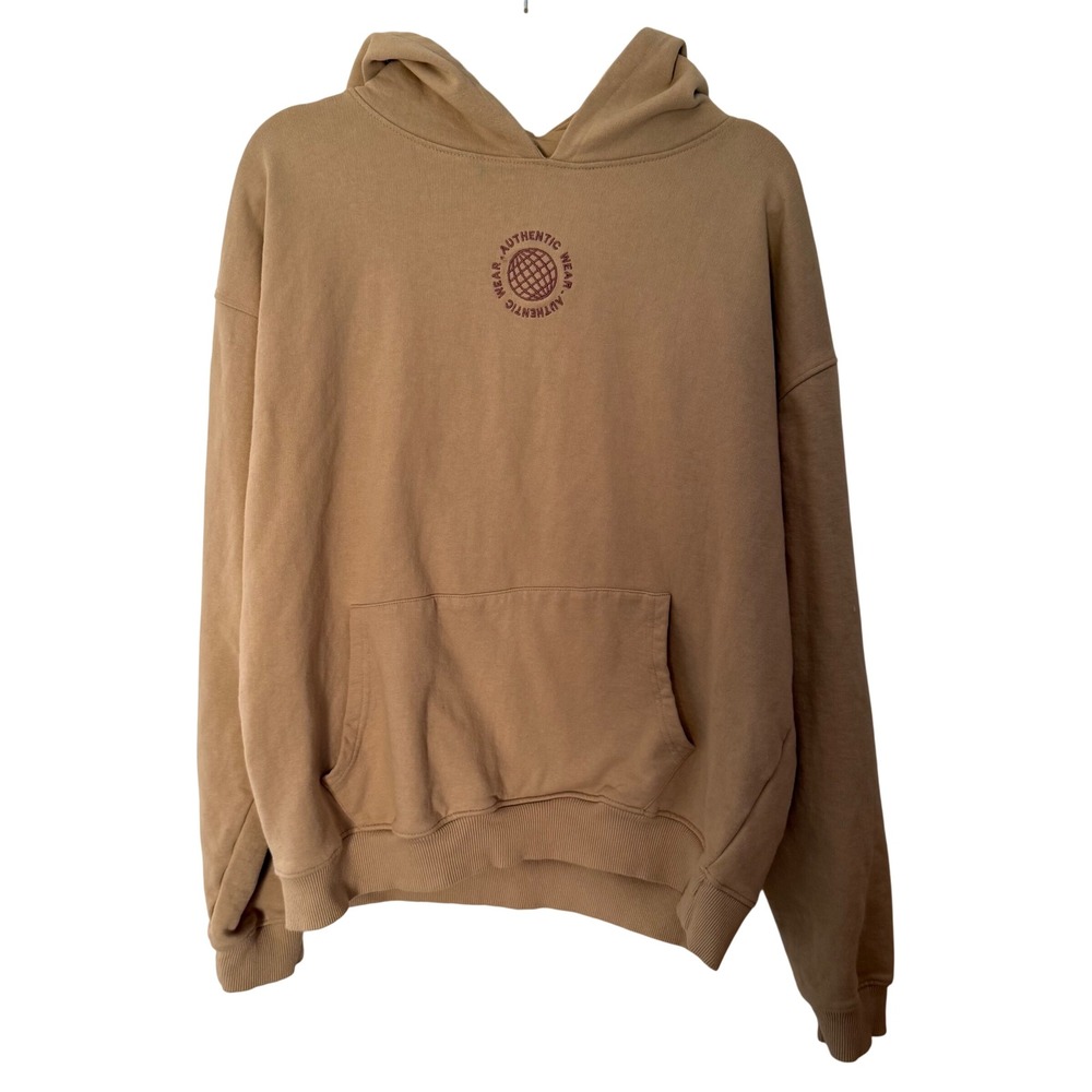 Prime Essentials Mens Large Tan Authentic Wear‎ Globe Graphic Cotton Hoodie